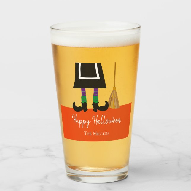 Halloween Witch Legs & Broom Personalized Glass (Front Filled)