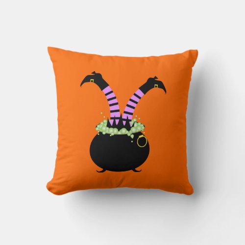 Halloween Witch Legs in Black Pot Throw Pillow