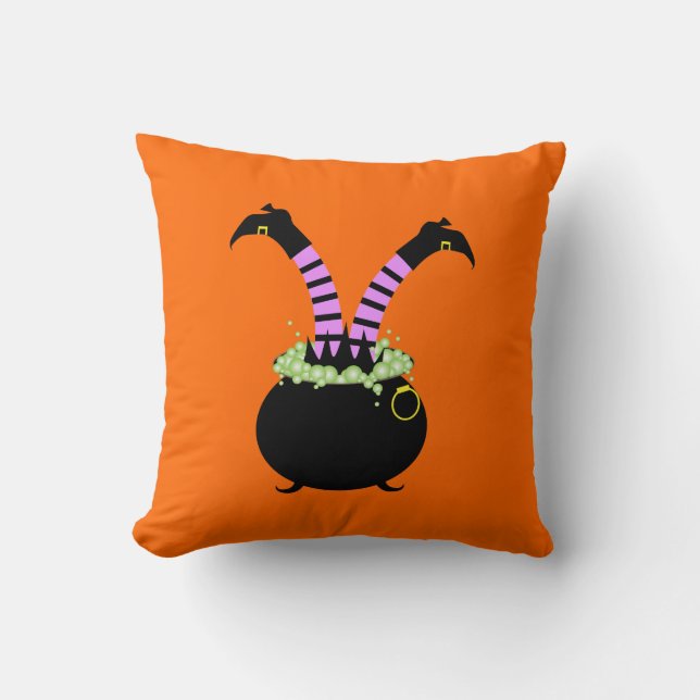 Halloween Witch Legs in Black Pot Throw Pillow (Front)