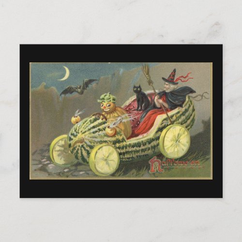 Halloween Witch Melon Race Car Vintage Postcard