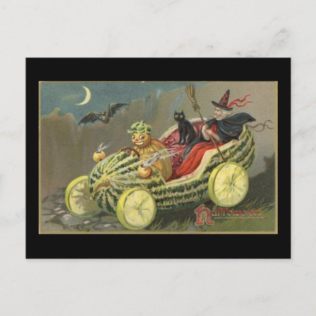 Halloween Witch Melon Race Car Vintage Postcard (Front)