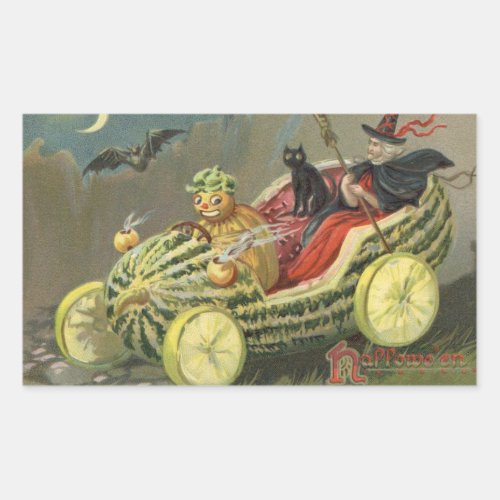 Halloween Witch Melon Race Car Vintage Rectangular Sticker
