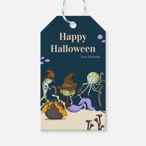 Halloween Witch Mermaid with Cauldron Personalized Gift Tags