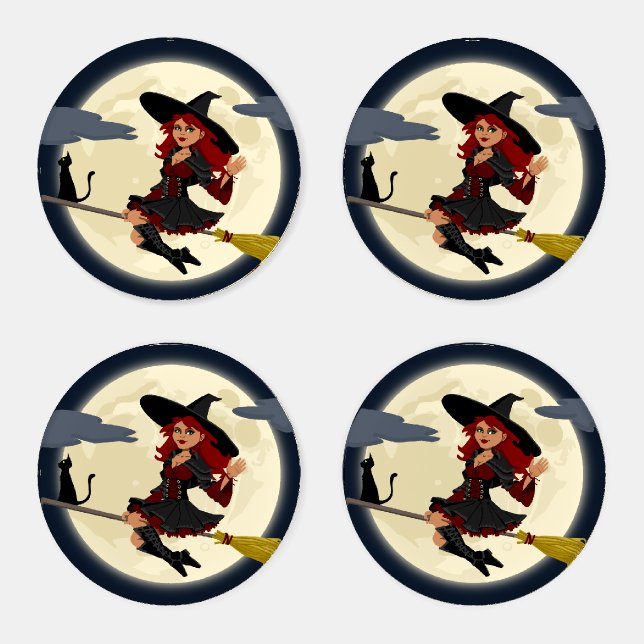 Halloween Witch, Moon and Black Cat Coaster Set (Set)