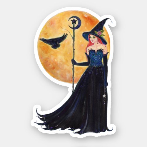 Halloween witch moon and raven by Renee Lavoie Sticker