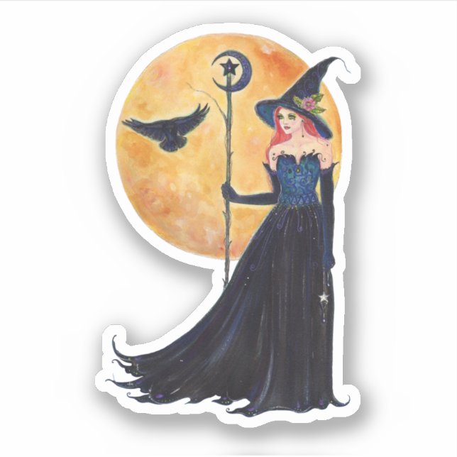 Halloween witch moon and raven by Renee Lavoie Sticker (Front)