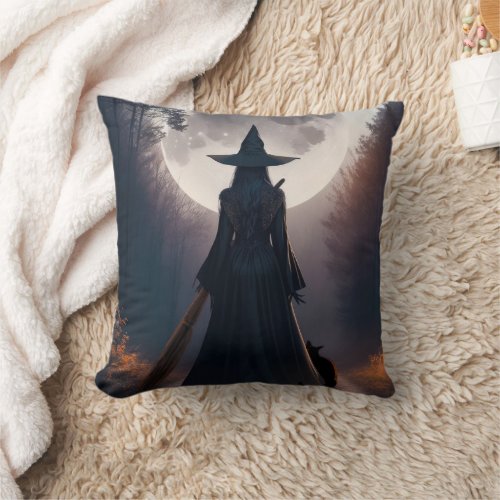 Halloween Witch Moon Black Cat Whimsical Gothic  Throw Pillow