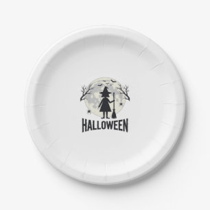 Halloween Witch Moon Vintage Engraving Design_1 Paper Plates