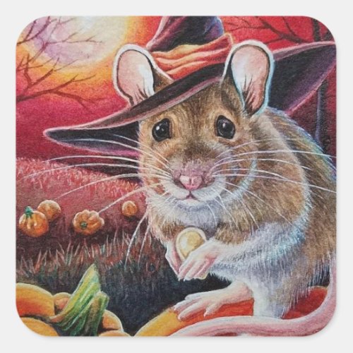 Halloween Witch Mouse Pumpkin Seed Watercolor Art Square Sticker