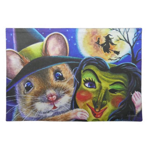 Halloween Witch Mouse Vintage Mask Watercolor Art Cloth Placemat