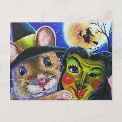 Halloween Witch Mouse Vintage Mask Watercolor Art Postcard