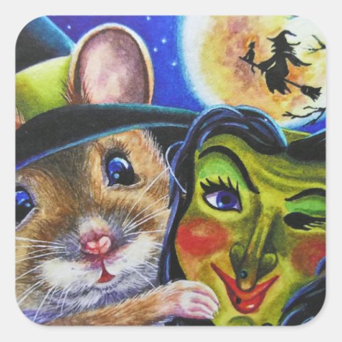Halloween Witch Mouse Vintage Mask Watercolor Art Square Sticker