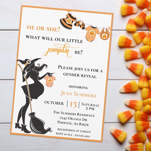 Halloween Witch October Gender Reveal Invitation
