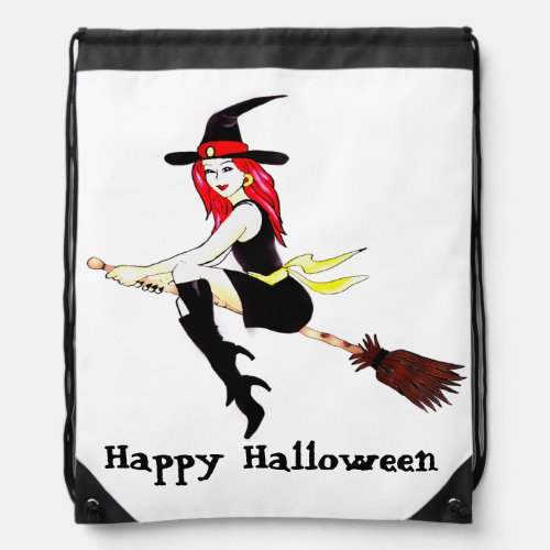 Halloween witch on a broomstick drawstring bag