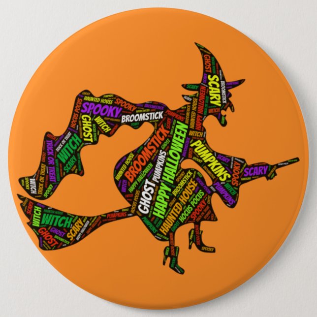Halloween Witch on a Broomstick Orange Typography  Button (Front)