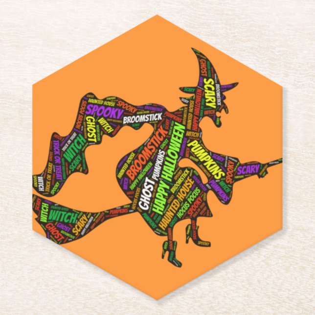 Halloween Witch on a Broomstick Orange Typography  Paper Coaster (Front)