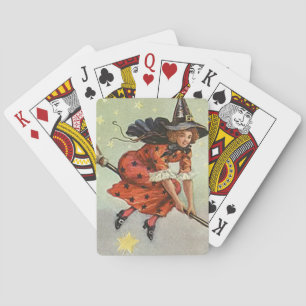 Halloween witch on a flying broom poker cards