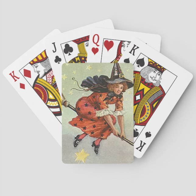 Halloween witch on a flying broom poker cards (Back)