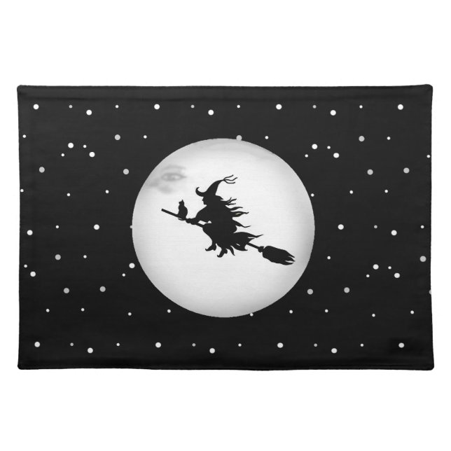 Halloween witch on black  cloth placemat (Front)