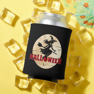 Halloween Witch On Broom Can Cooler