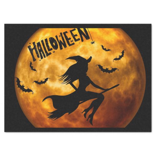 Halloween Witch on Broom Cat Moon Bats Tissue Paper