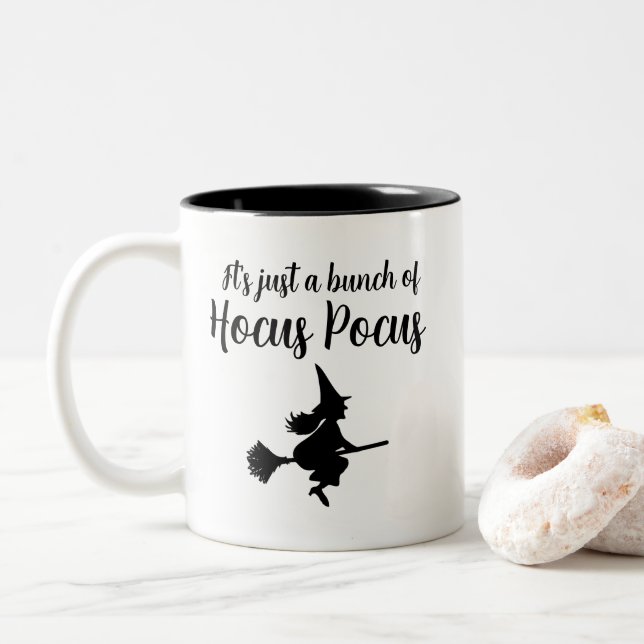 Halloween Witch on Broom Flying Hocus Pocus Two-Tone Coffee Mug (With Donut)