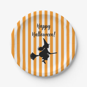 Halloween Witch on Broom Flying Paper Plates