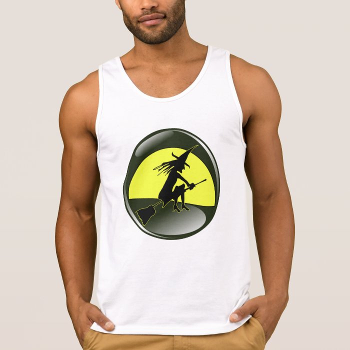 Halloween witch on broom in front of yellow moon tshirts
