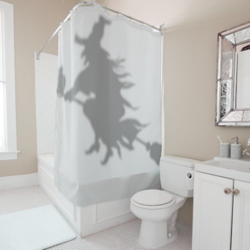 Halloween Witch on Broom with Black Cat Silhouette Shower Curtain