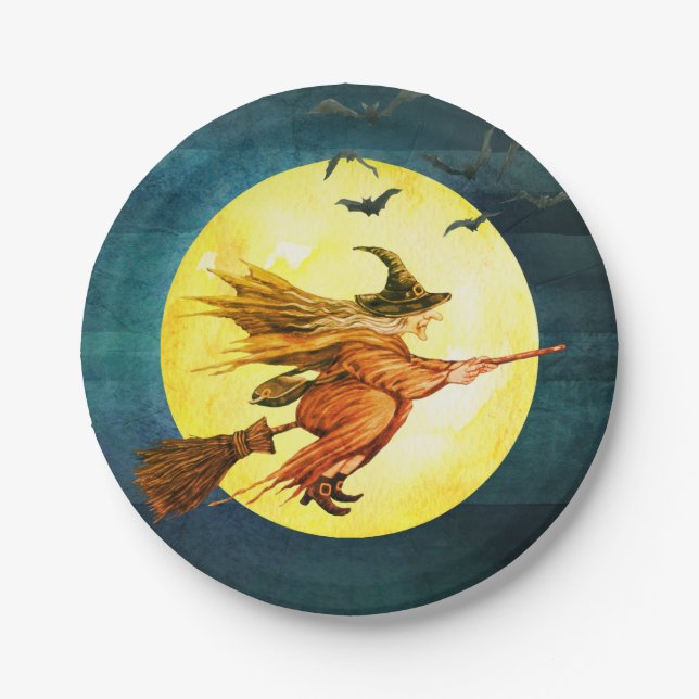 Halloween Witch On Broomstick Moon Paper Plates (Front)