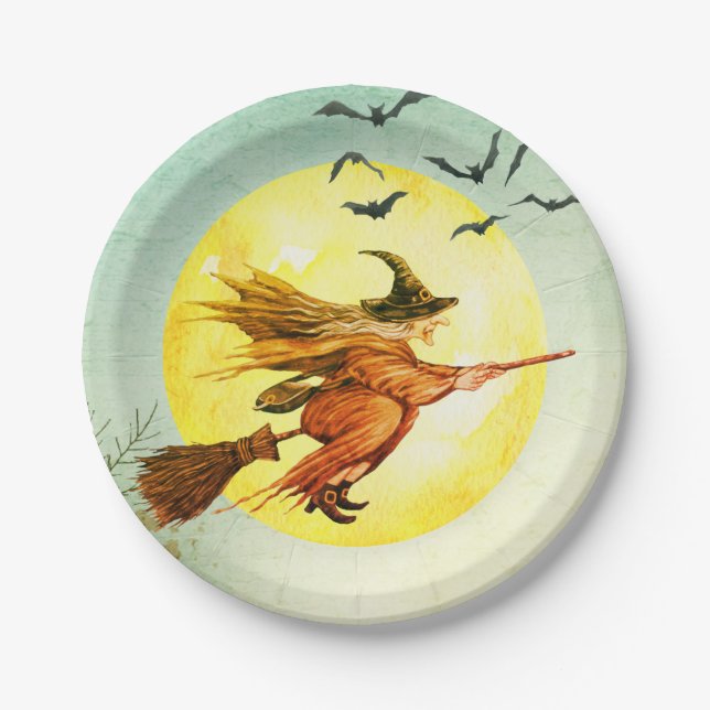 Halloween Witch On Broomstick  Paper Plates (Front)