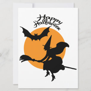 Halloween witch on broomstick with bat, witch card