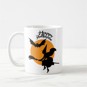 Halloween witch on broomstick with bat, witch coffee mug