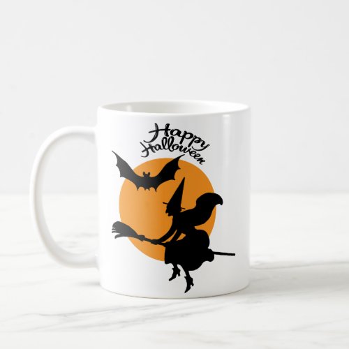 Halloween witch on broomstick with bat witch coffee mug