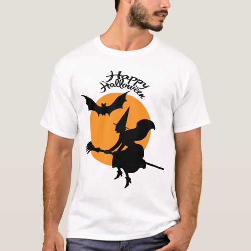 Halloween witch on broomstick with bat witch T_Shirt