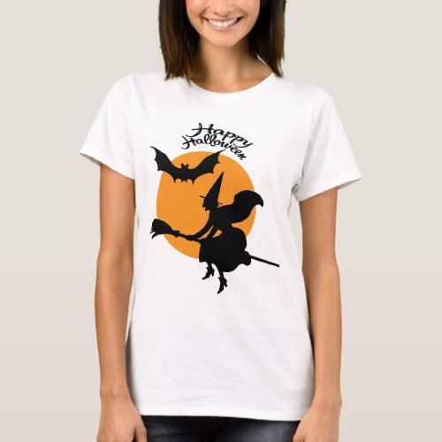 Halloween witch on broomstick with bat witch T_Shirt