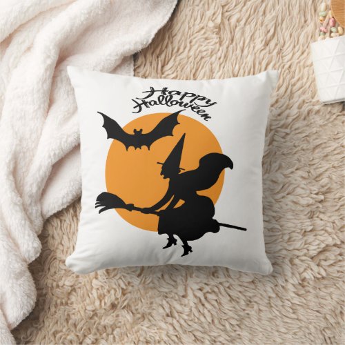Halloween witch on broomstick with bat witch throw pillow