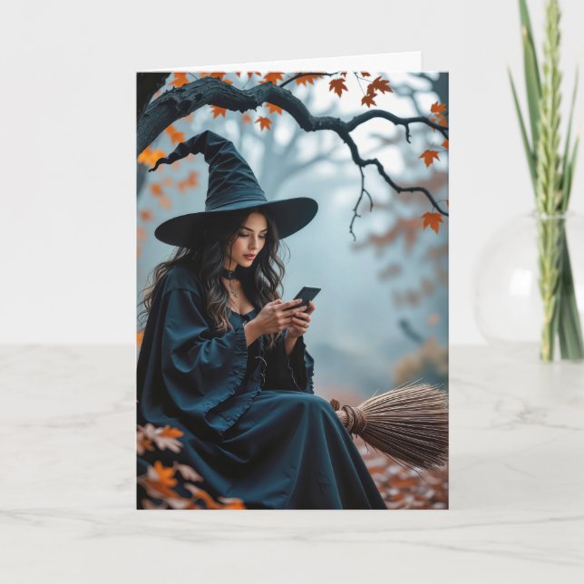 Halloween Witch On Her Broom and Texting Card (Front)