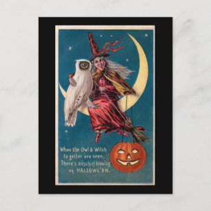 Halloween Witch on Moon with Owl Vintage Postcard