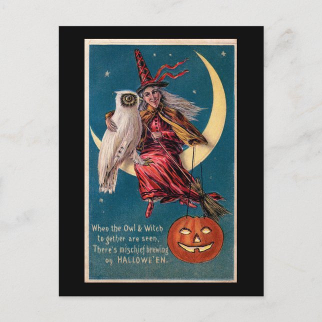 Halloween Witch on Moon with Owl Vintage Postcard (Front)