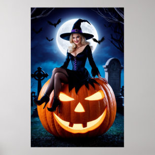 Halloween Witch on Pumpkin Poster