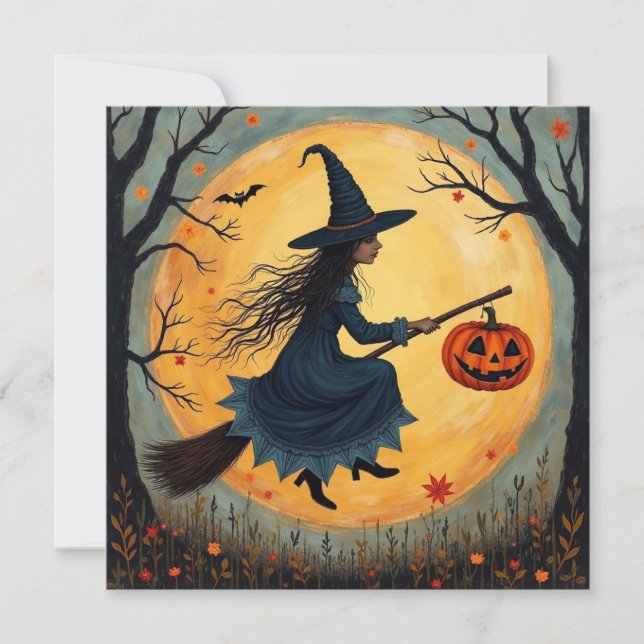 Halloween Witch on the Broom and Full Moon  Holiday Card (Front)