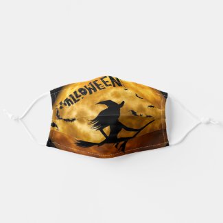 Halloween Witch on the Broom Yellow Full Moon Adult Cloth Face Mask