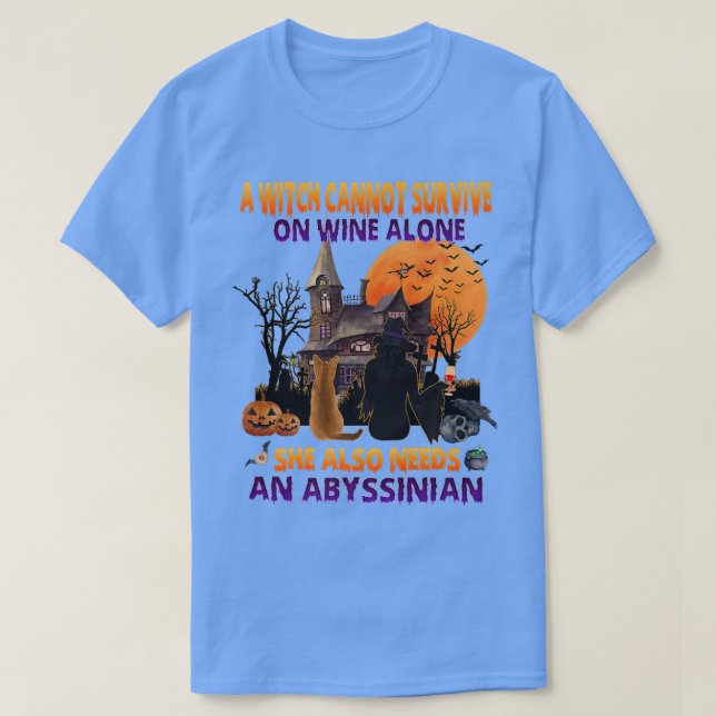 Halloween Witch On Wine And Funny Abyssinian Cat C T-Shirt (Design Front)