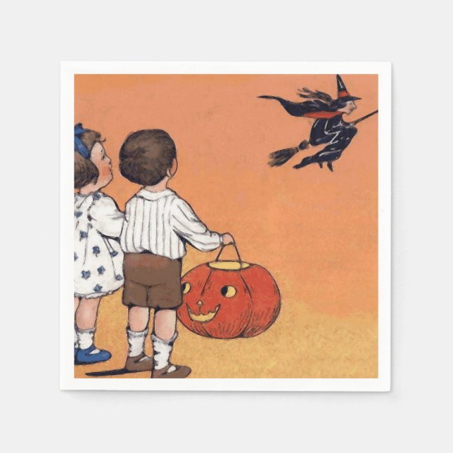 Halloween witch orange and black party napkins (Front)