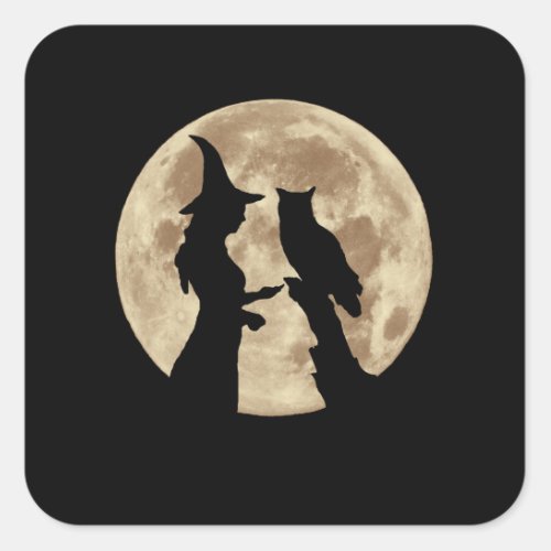 Halloween Witch Owl and Full Moon Square Sticker