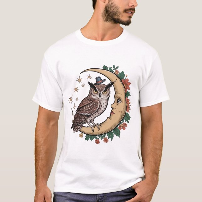 Halloween Witch Owl Sitting On Crescent Moon  T-Shirt (Front)