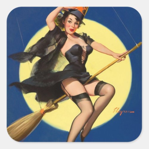 Halloween Witch Pin Up Girl Square Sticker