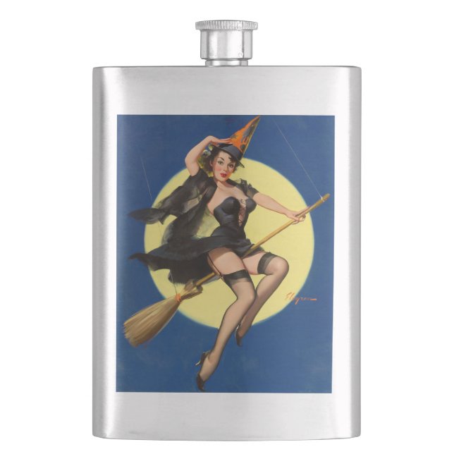 Halloween Witch Pin Up Girl Witch Flask (Front)