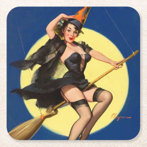 Halloween Witch Pin Up Girl Witch Square Paper Coaster